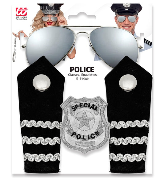Police Set Glasses, Epauletten, Badge