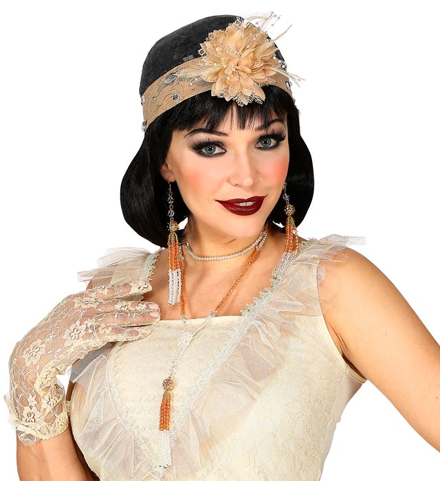 The Roaring 20S Lace Headpiece With Flower, Pair Of Beaded Earrings, Beaded Neckalce