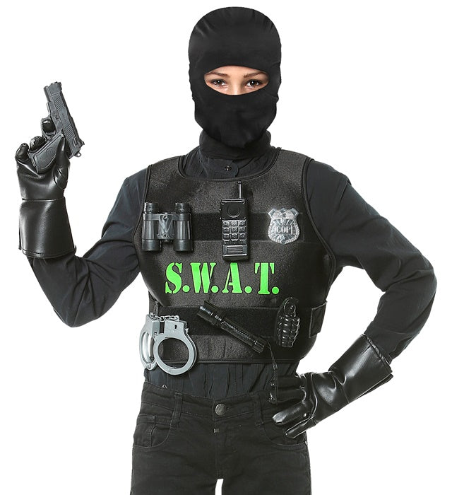 S.W.A.T. Bulletproof Vest, Mask, Badge, Gun, Handcuffs, Radio, Flashlight, Hand Grenade, Binoculars