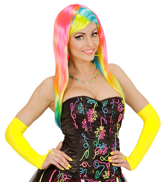 Neon Yellow Fingerless Satin Gloves - 43 Cm