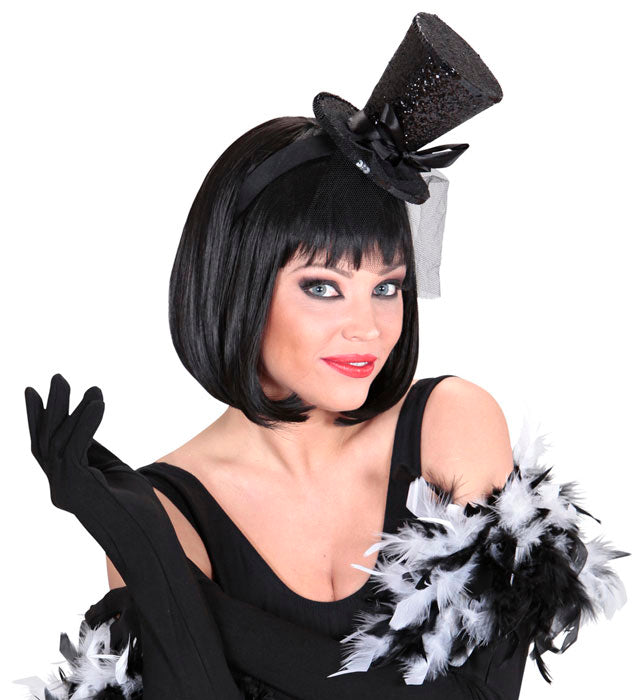 Black Mini Top Hat On Headband With Bow & Veil
