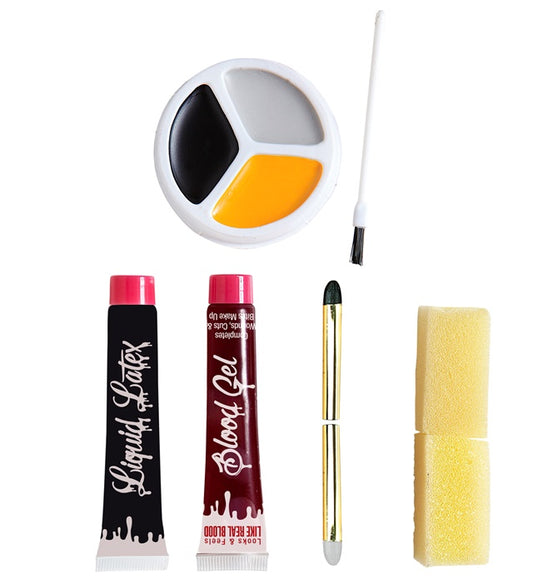 Zombie Make-Up Kit Liquid Latex 10 Ml, Blood 10 Ml, Black & Grey Pencil 4,8 Ml, Tricolor Makeup 4,5 Ml In Tray, Applicator, 2 Sponges