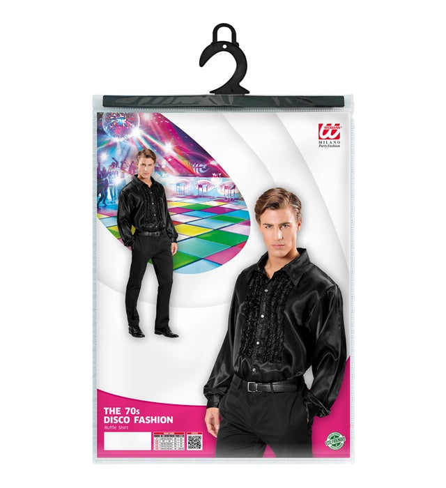 The 70S Disco Fashion Black Satin Ruffle Shirt