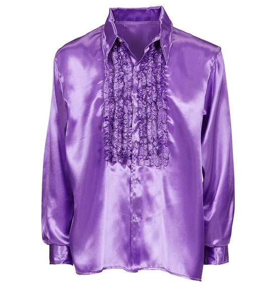 The 70S Disco Fashion Purple Satin Ruffle Shirt