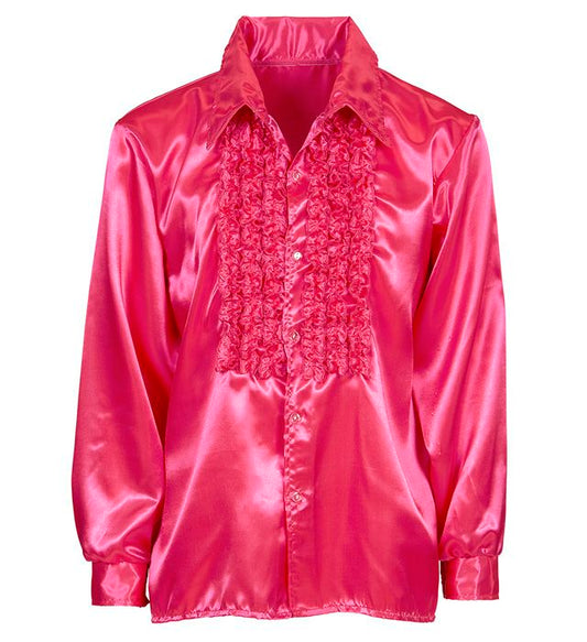 The 70S Disco Fashion Pink Satin Ruffle Shirt