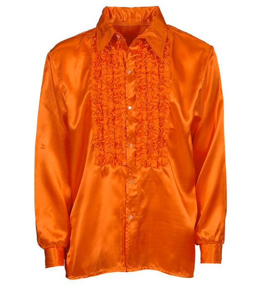 The 70S Disco Fashion Orange Satin Ruffle Shirt