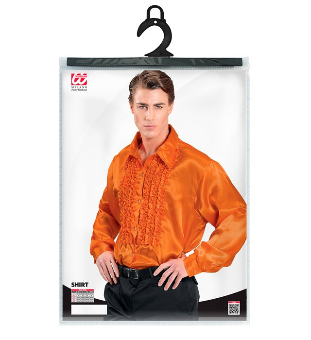 The 70S Disco Fashion Orange Satin Ruffle Shirt