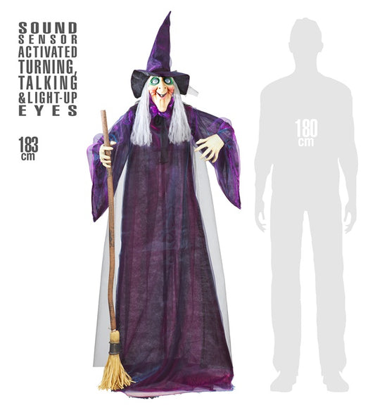 Sound Sensor Activated Animated Turning & Talking Witch With Light-Up Eyes 183 Cm - Speaks 5 Different Rhymes