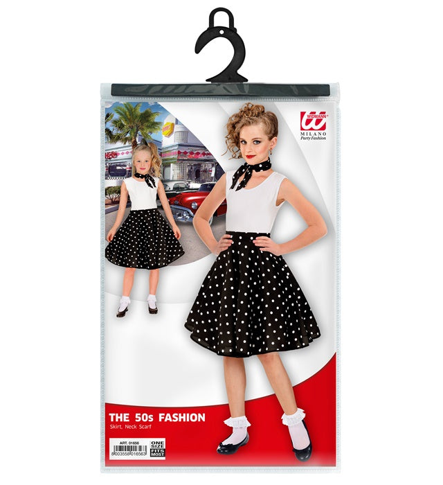 Black 50S Polka Dots Skirt & Neck Scarf Child Size Adjustable Waist Circumference 28-33Cm