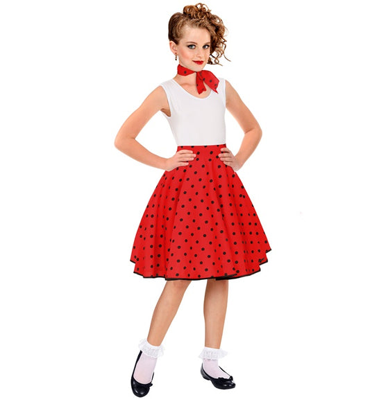 Red 50S Polka Dots Skirt & Neck Scarf Child Size Adjustable Waist Circumference 28-33Cm