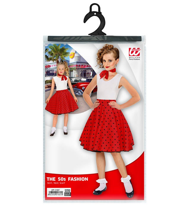 Red 50S Polka Dots Skirt & Neck Scarf Child Size Adjustable Waist Circumference 28-33Cm