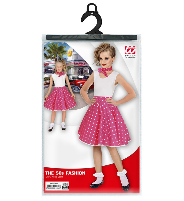 Pink 50S Polka Dots Skirt & Neck Scarf Child Size Adjustable Waist Circumference 28-33Cm