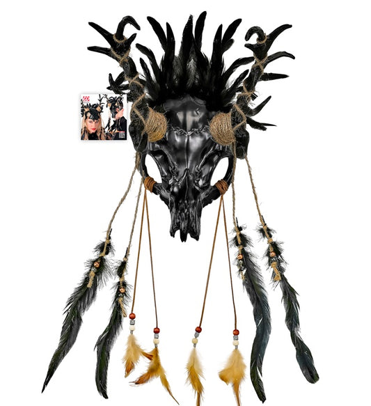 Mask Shaman Bull Skull With Feathers Black