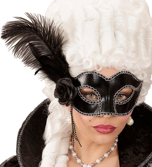 Black Shiny Venice Eyemask With Rose, Beads & Feathers