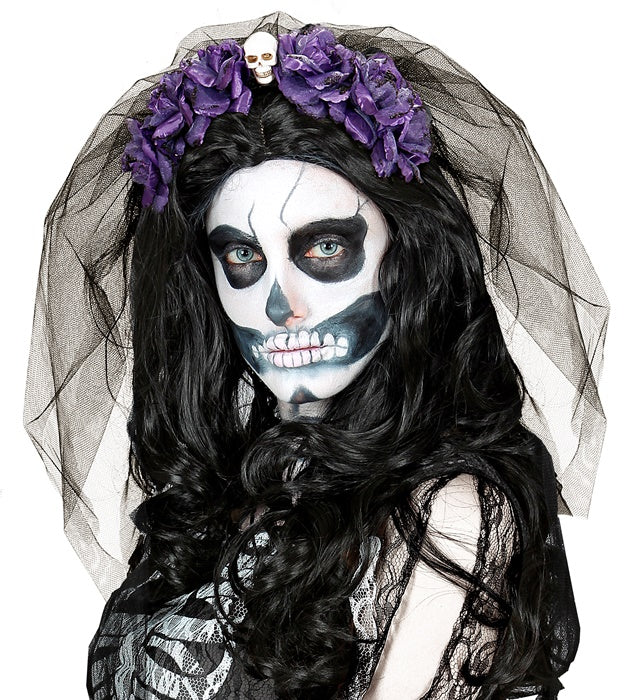 6 Purple Roses Headband With Skull & Veil