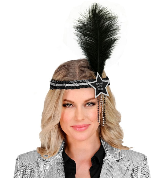 Black-Silver Happy New Year Star Sequin Headband With Feather