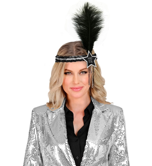 Black-Silver Happy New Year Star Sequin Headband With Feather