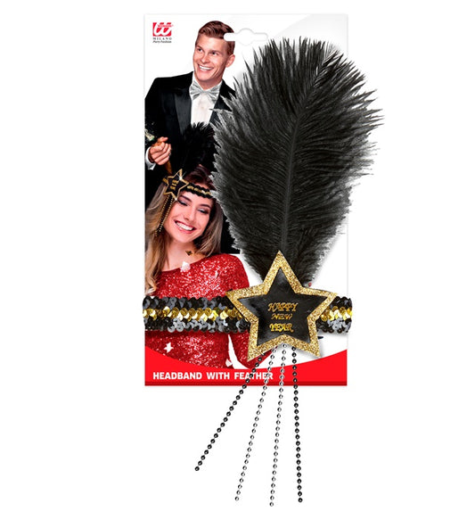 Black-Gold Happy New Year Star Sequin Headband With Feather