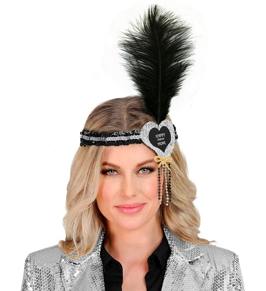 Black-Silver Happy New Year Heart Sequin Headband With Feather