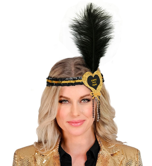 Black-Gold Happy New Year Heart Sequin Headband With Feather