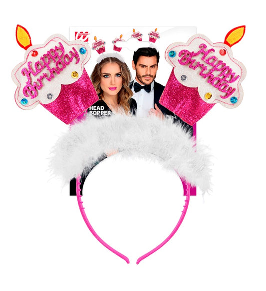 Pink Happy Birthday Cake Head Bopper With Marabou