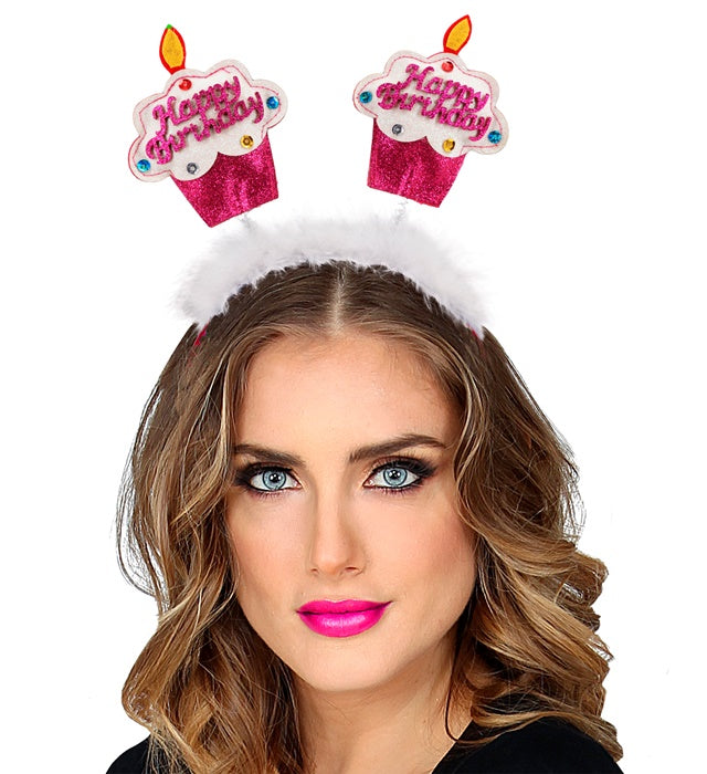 Pink Happy Birthday Cake Head Bopper With Marabou