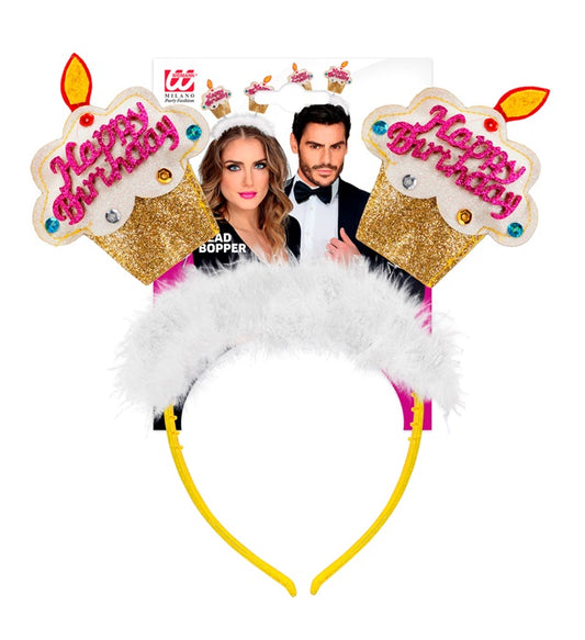 Gold Happy Birthday Cake Head Bopper With Marabou