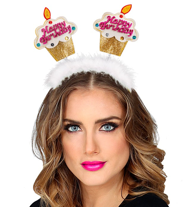 Gold Happy Birthday Cake Head Bopper With Marabou