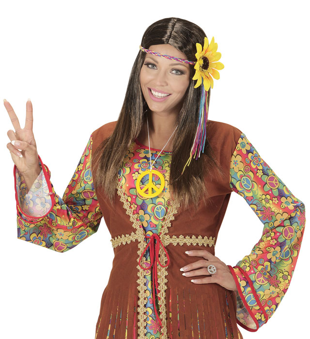 Brown Hippie Wig With Multicolored Sunflower Headband In Polybag