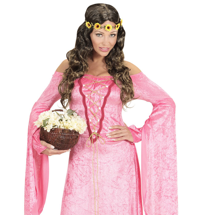Brown Hippie / Medieval Wig With Sunflower Headband In Polybag