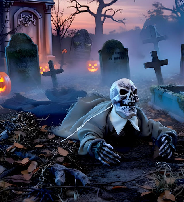 Sound Sensor Activated Animated Skeleton Groundbreaker Wth Crawling Body, Light-Up Skull And Screaming For Help 80 Cm