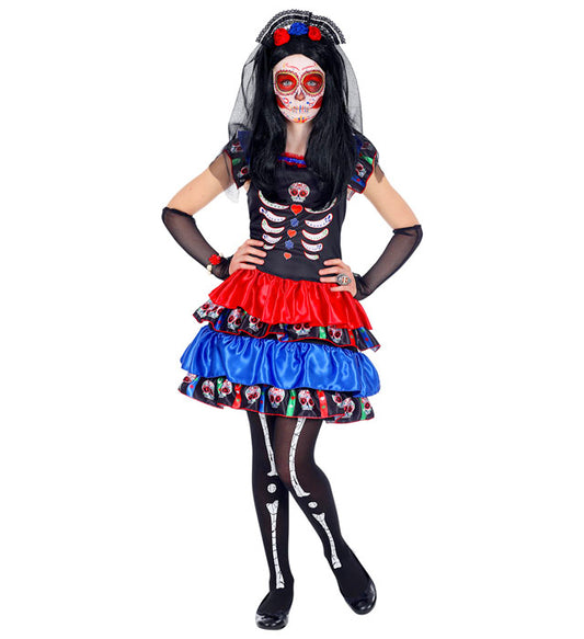 Mujer Dia De Los Muertos Dress, Arm Warmers, Headpiece With Veil