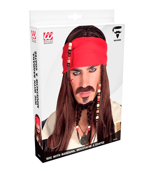 Pirate Of The Caribbean Wig With Bandana, Moustache & Beaded Goatee