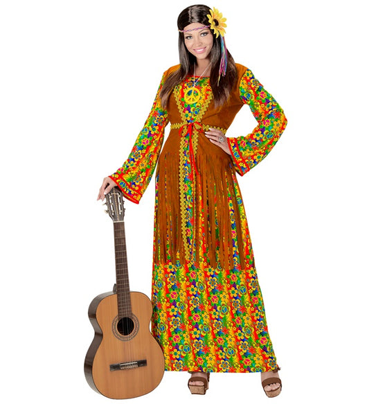 Hippie Woman Dress With Vest, Peace Sign Necklace