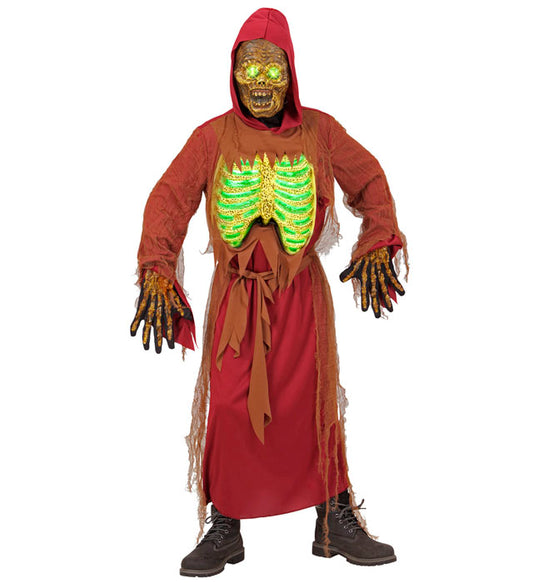 Zombie Skeleton Hooded Robe, Belt, Light-Up Mask & Bones Chest