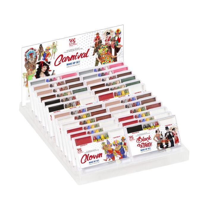 Display Box Of 24 Carnival Makeupset 6 Clown, 3 Cowboy, 3 Indian,3 Pirate, 3 Soldier, 3 Black & White, 3 Fairy