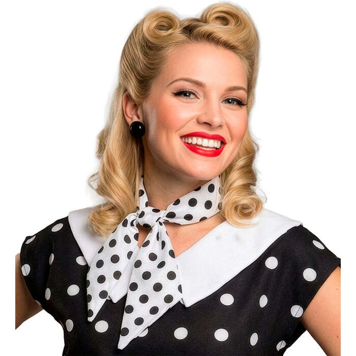 The 50S Fashion Neck Sash Satin - White With Black Dots