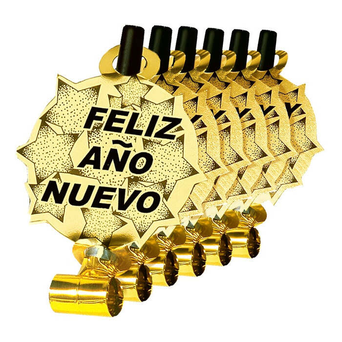 Set Of 6 Gold Feliz Año Nuevo Sounding Blow-Outs