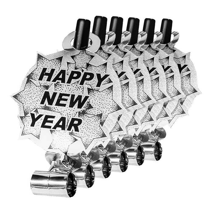 Set Of 6 Silver Happy New Year Sounding Blow-Outs