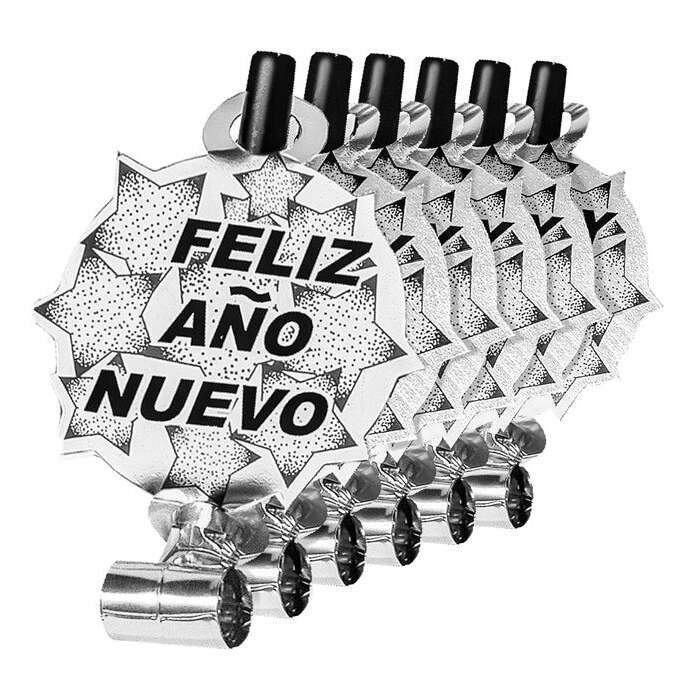 Set Of 6 Silver Feliz Año Nuevo Sounding Blow-Outs