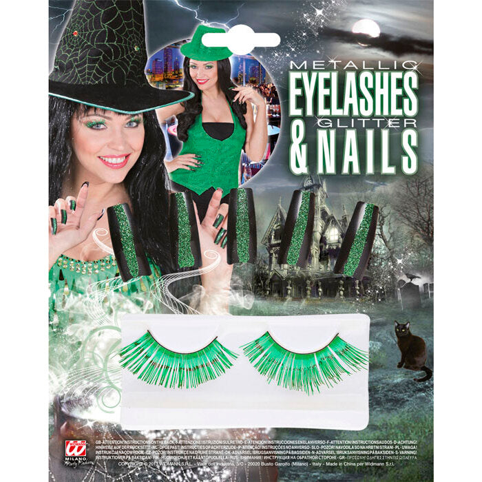 Set Of Green Metallic Eyelashes &10 Nails