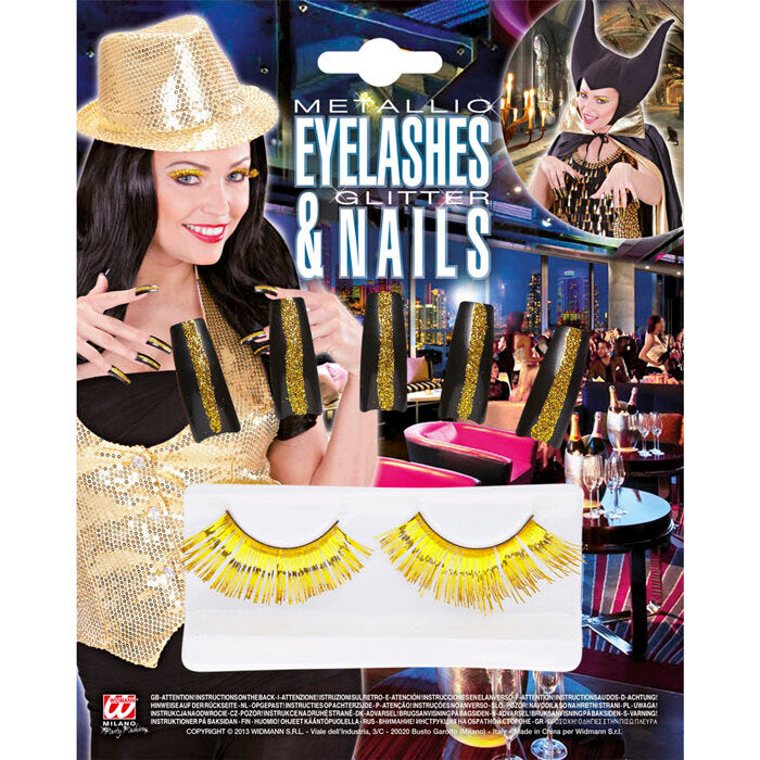 Set Of Gold Metallic Eyelashes & 10 Nails