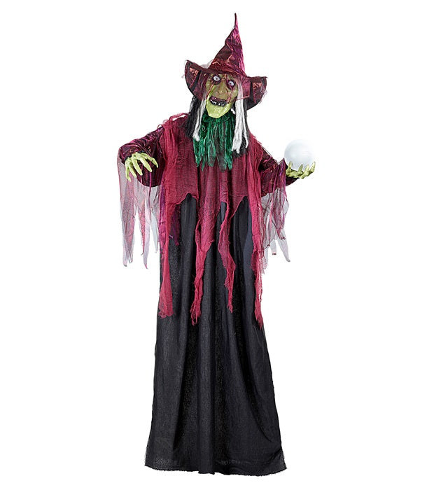 Sound Sensor Activated Animated Talking & Laughing Witch With Blinking Red Led Light Eyes & Color Changing Light-Up Crystal Ball 170 Cm - Speaks 3 Different Rhymes