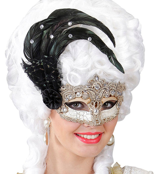 Gran Gala Macrame' Mask With Feathers And Rhinestones