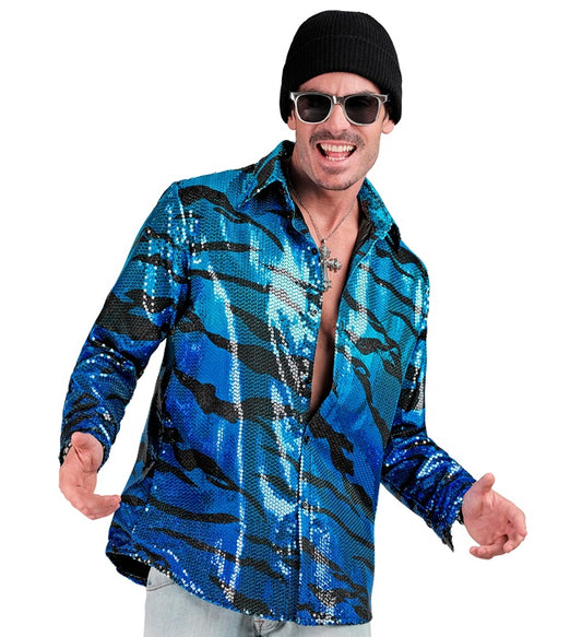 Party Fashion Shirt Blue Waves Sequin Shirt