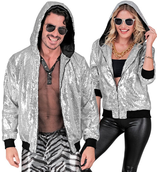Party Fashion Hooded Bomber Silver Sequin Hooded Bomber