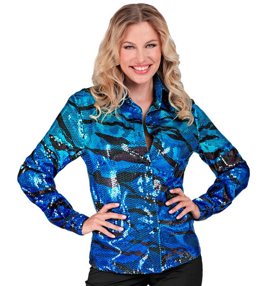 Party Fashion Shirt Blue Waves Sequin Shirt