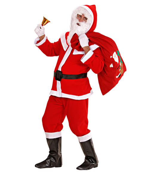 Deluxe Santa Claus Flannel Jacket, Pants, Belt, Hood, Boot Covers, Wig, Beard With Moustache And Eyebrows