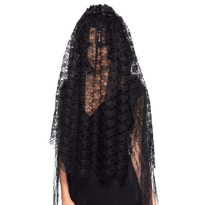 Black Widow Veil Adult Black with Flowers 1