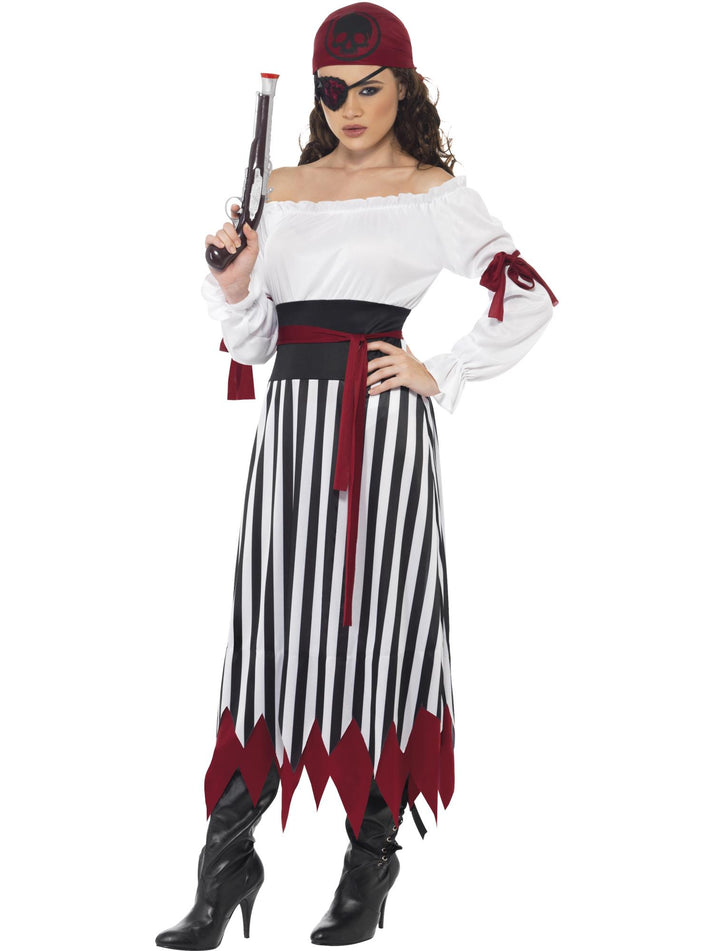 Pirate Lady Adult Costume Elizabeth Swann Black and White Dress Red Arm Ties Belt and Headpiece
